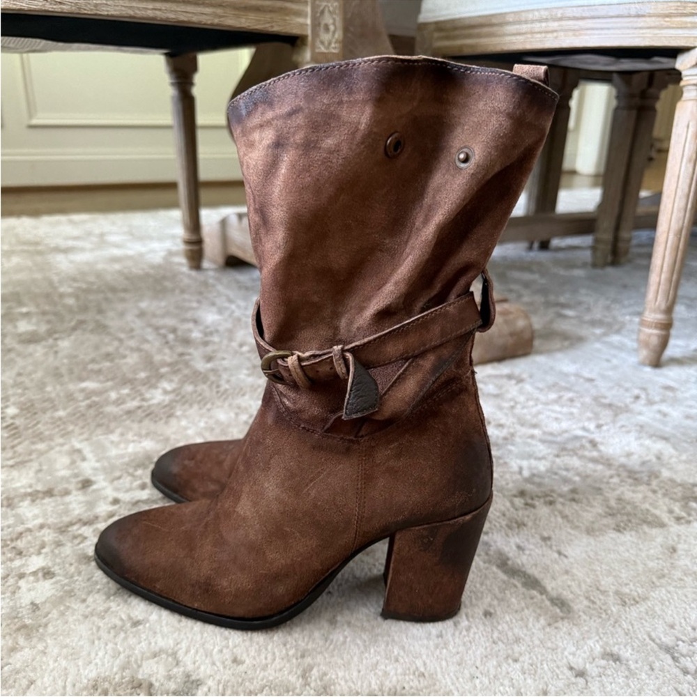 Women’s Brown Suede Mid-Calf Heeled Boots - Picture 3 of 8